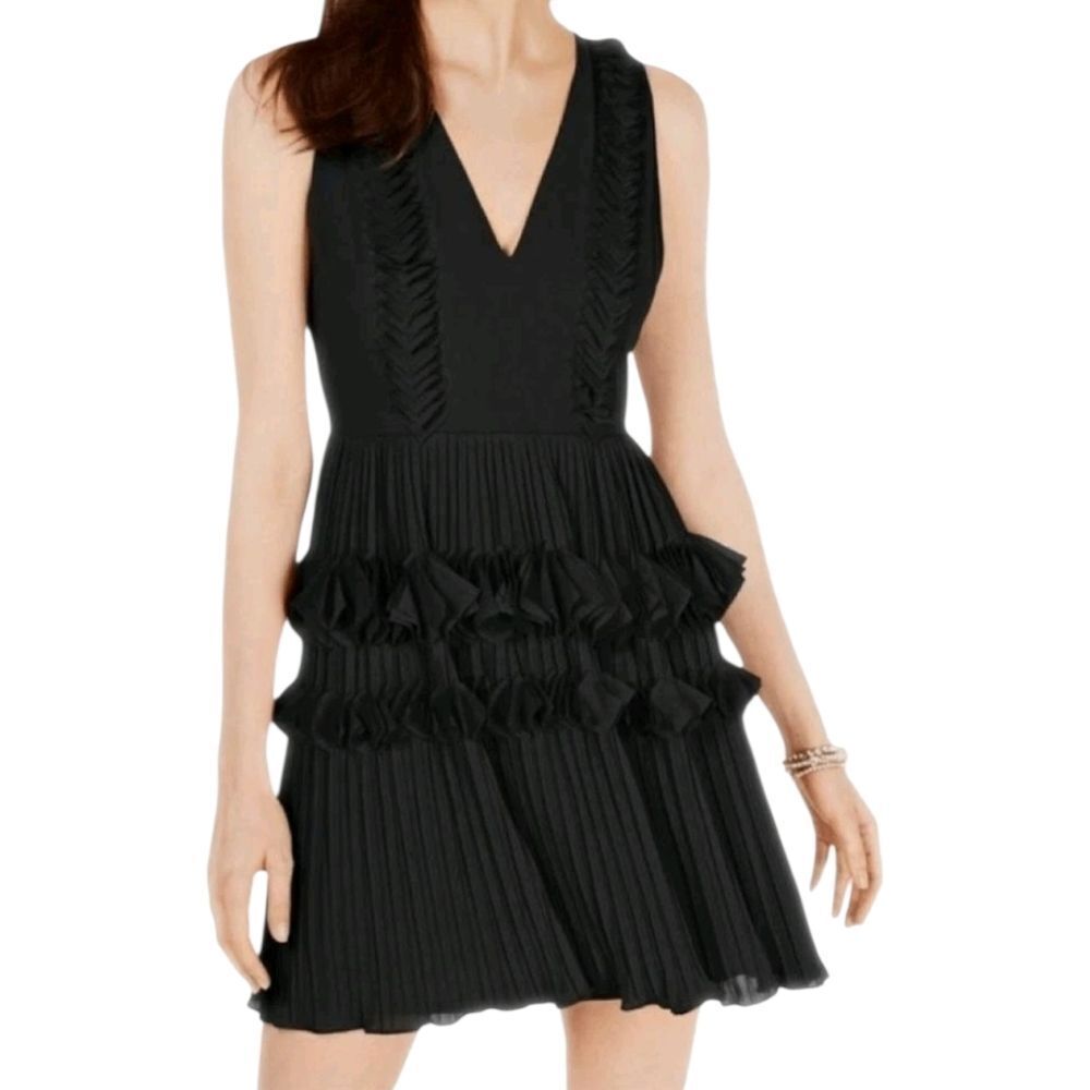 Foxiedox Black Pleated Ruffle Mini Dress M V Neck Homecoming Party Cutout Back